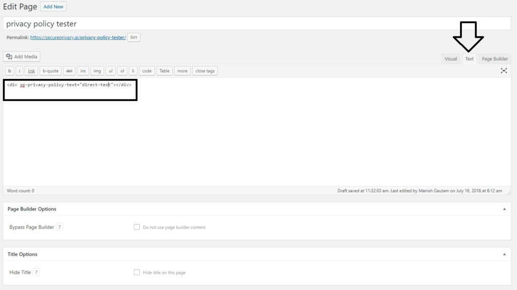 WordPress page editor showing the Text tab with Secure Privacy privacy policy embed code pasted into the HTML content area