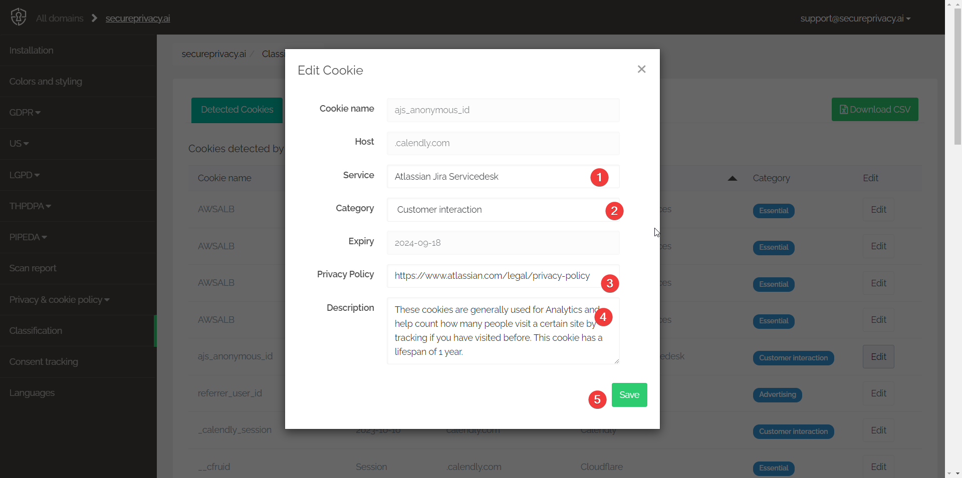 Secure Privacy cookie classification edit form showing Service name, Category, Privacy Policy link, and Description fields with Save button
