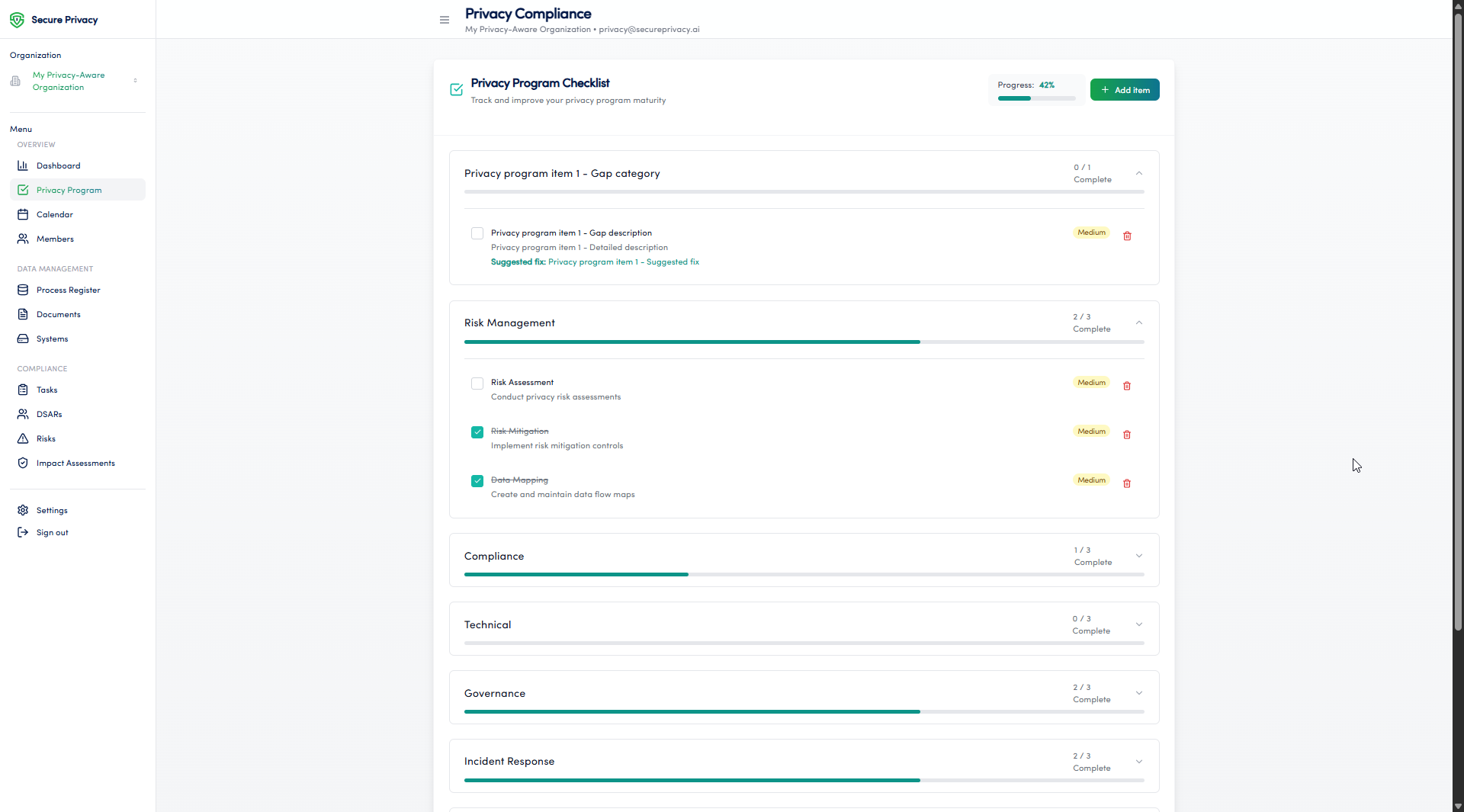 Secure Privacy Governance Solution Privacy Program module showing compliance maturity checklist and progress tracking dashboard