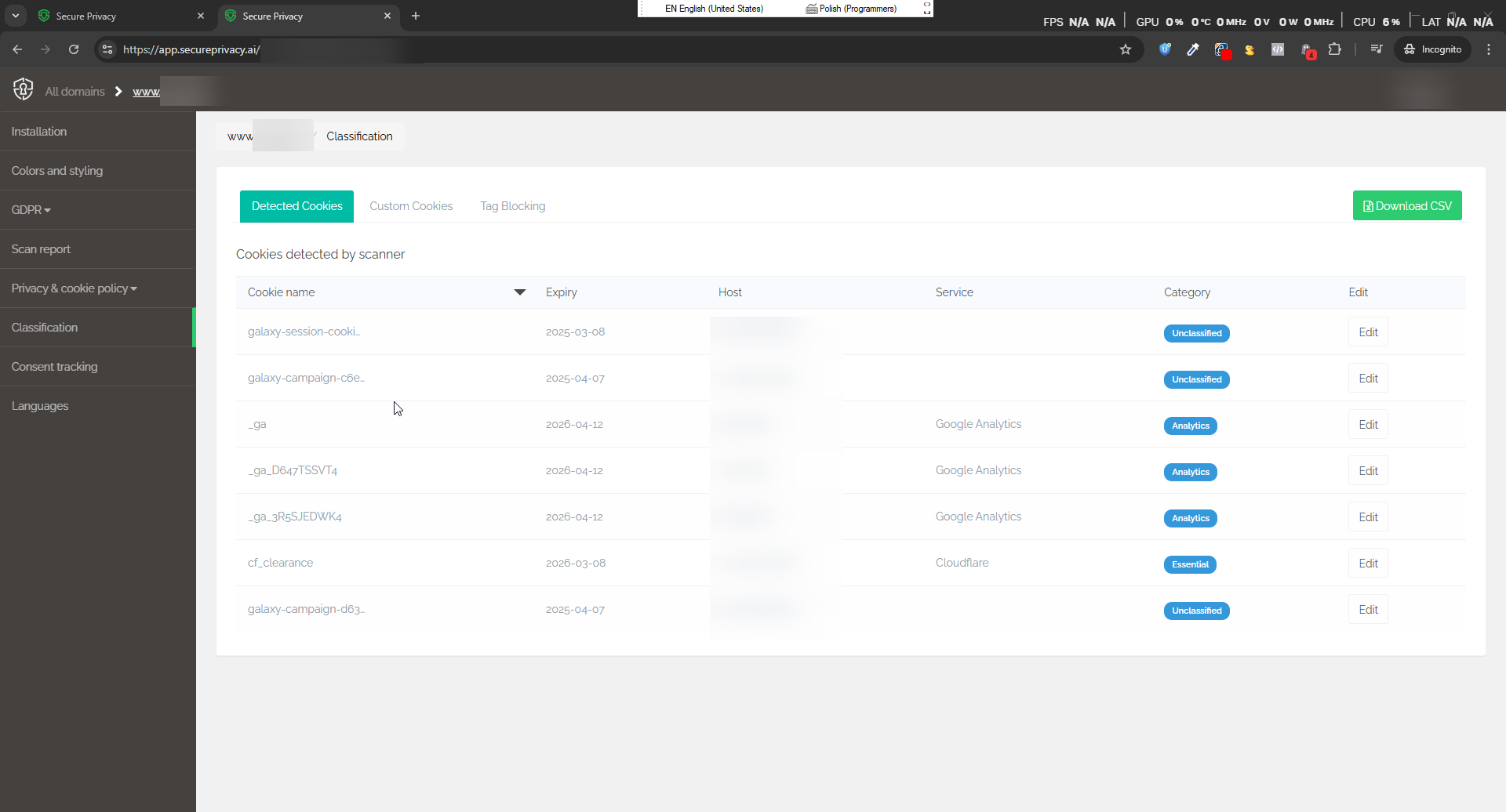 Secure Privacy Classification tab showing list of detected cookies with category assignments and Edit options