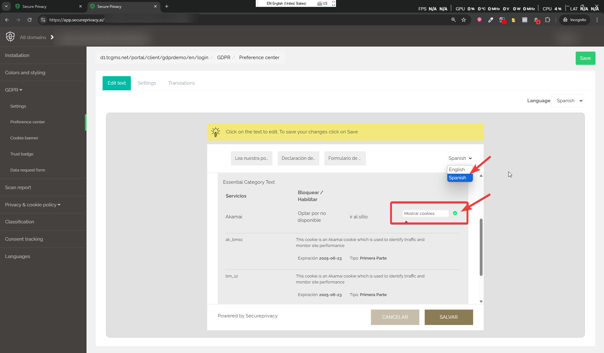 Secure Privacy cookie banner Edit Text interface showing editable banner copy with language selector