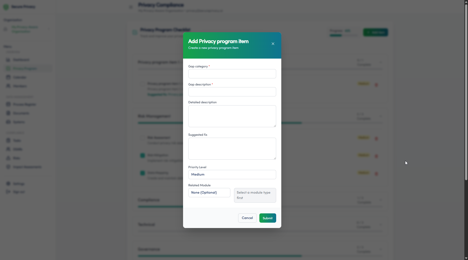 Secure Privacy Privacy Program module checklist showing completed and not completed privacy program elements with notes