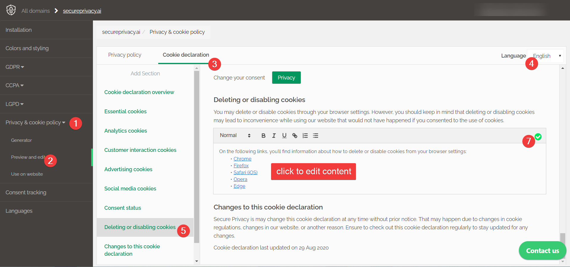 Secure Privacy Cookie Declaration edit mode showing editable text field with green tick button to confirm changes