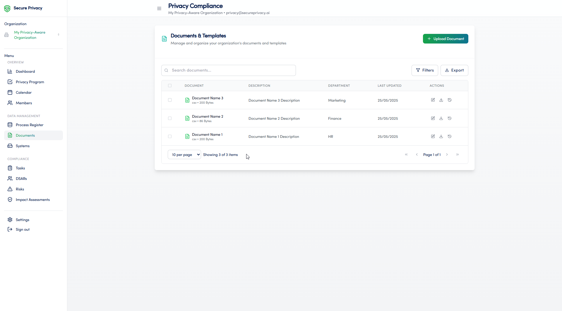 Secure Privacy Governance Solution Documents module showing centralized compliance document repository with upload and permissions controls