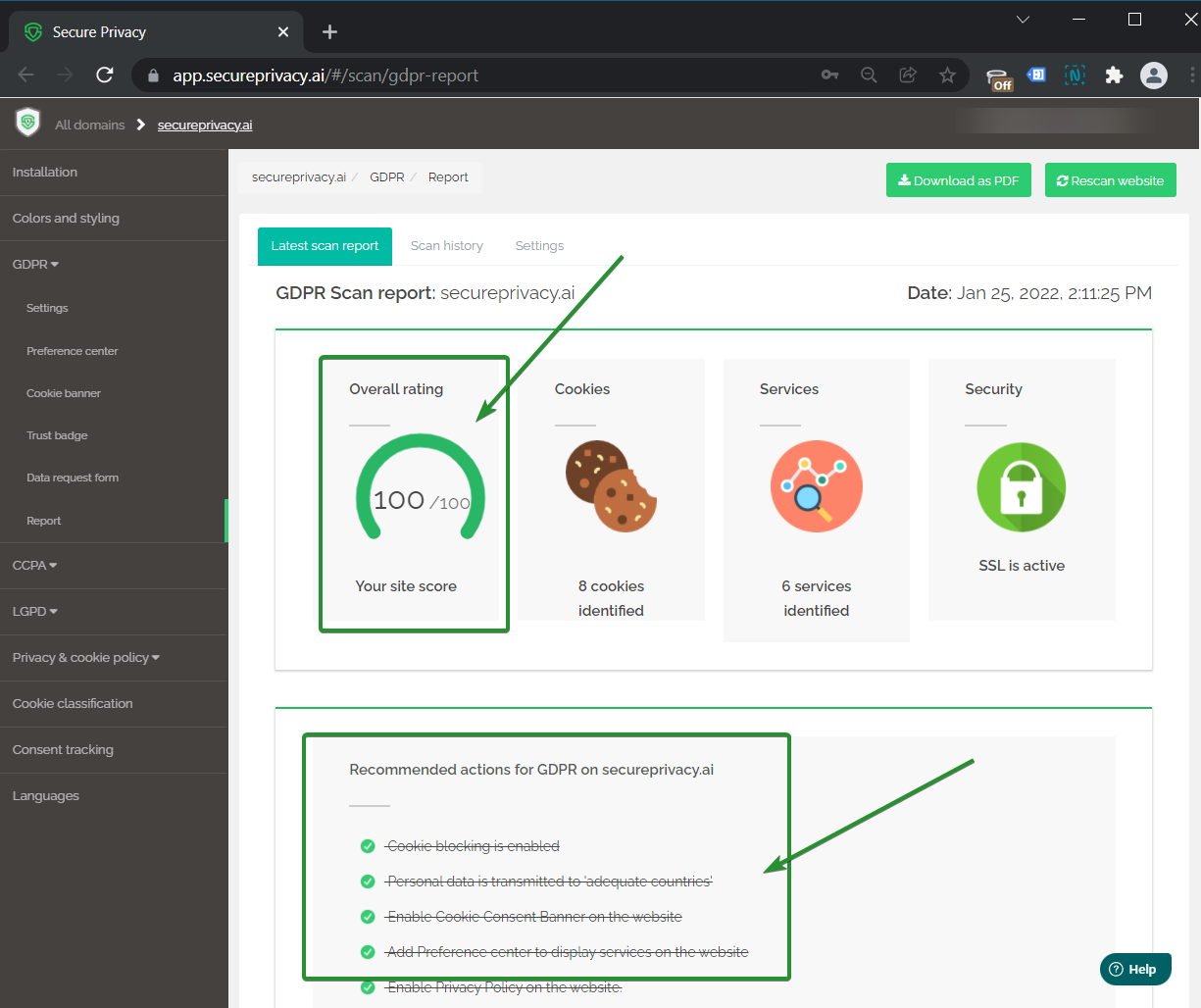 Secure Privacy Report tab showing overall compliance rating with recommended GDPR actions and red X indicators for priority items